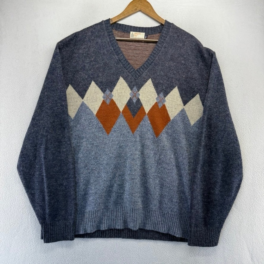 Vintage London Fog Sweater Mens 4X: Blue Argyle V-Neck Wool Mohair Blend USA